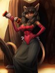  3:4 5_fingers ankama anthro black_nose breasts brown_body brown_fur brown_hair clothing dress felid female fingers fur general-irrelevant gloves hair hand_on_hip handwear hi_res holding_object looking_at_viewer mammal miranda_(wakfu) red_clothing smile solo standing video_games wakfu 