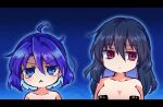  2girls ahoge bangs blue_background blue_eyes blue_hair closed_mouth collarbone eyebrows_visible_through_hair hair_between_eyes iizunamaru_megumu letterboxed long_hair looking_at_viewer looking_to_the_side multiple_girls no_hat no_headwear nude outer_glow parted_lips pasties pote_(ptkan) red_eyes simple_background tearing_up tenkyuu_chimata touhou triangle_mouth 