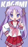  1girl bangs blue_eyes character_name commentary_request eyebrows_visible_through_hair haaam hand_on_hip highres hiiragi_kagami long_hair long_sleeves looking_at_viewer lucky_star neckerchief open_mouth pink_neckerchief pointing pointing_at_viewer purple_background purple_hair red_sailor_collar red_skirt ryouou_school_uniform sailor_collar school_uniform serafuku simple_background skirt solo tsurime twintails 