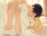  1boy 1girl ;d bangs bed_sheet black_hair blanket blonde_hair blurry blush bokeh closed_eyes couple cuddling day depth_of_field fangs fullmetal_alchemist hands_up happy hetero highres hug hug_from_behind indoors laughing looking_at_another lying morning naked_sheet nude on_bed on_side one_eye_closed pillow pushing_away raicchi_(raicchi96) riza_hawkeye roy_mustang shared_blanket short_hair sideways_glance smile swept_bangs twitter_username under_covers upper_body waking_up 