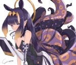  1girl absurdres bangs bare_shoulders black_dress blunt_bangs book detached_sleeves dress hair_ornament halo highres hololive hololive_english looking_at_viewer ninomae_ina&#039;nis pointy_ears purple_eyes purple_hair signature solo tentacle_hair tentacles virtual_youtuber white_background wings yo_na 
