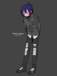  1boy absurdres alternate_costume amajiki_tamaki anna_(aannnaa3) argyle argyle_sweater black_eyes black_footwear blush boku_no_hero_academia breast_pocket character_name commentary copyright_name full_body grey_background grey_pants grey_sweater hair_between_eyes highres looking_at_viewer male_focus pants pocket purple_hair shoes short_hair simple_background solo standing sweater symbol-only_commentary 