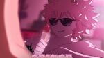  1boy 1girl absurdres ashido_mina bedroom black-framed_eyewear blurry blurry_background blurry_foreground boku_no_hero_academia collarbone colored_skin commentary depth_of_field english_commentary english_text eyebrows_visible_through_hair greatm8 handjob highres horns indoors male_pubic_hair motion_blur motion_lines nude parted_lips penis photoshop_(medium) pink_hair pink_skin pink_theme pubic_hair short_hair smug solo_focus source_filmmaker_(medium) subtitled sunglasses uncensored upper_body 