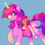  1:1 bag bloom_moonbeam_(oc) blue_background chest_tuft cutie_mark dock equid equine fan_character female feral fur glowing glowing_horn green_eyes happy hasbro hooves horn magic mammal mane mlp_g5 my_little_pony open_mouth pink_body pink_fur pink_mane pink_tail plushie saddle_bag scarf simple_background sunny_starscout_(mlp) tuft unicorn yumkandie 