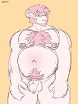  3:4 anthro aresanchor beard belly blue_eyes body_hair chest_hair facial_hair felid flaccid foreskin fur genitals hair hi_res lion male mammal nipple_piercing nipples nori_(aresanchor) pantherine penis piercing pink_body pink_fur pink_hair pubes slightly_chubby solo 