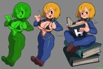  1girl artist_name bikini bikini_top_only blonde_hair book breasts collar fallout_(series) grey_background hair_between_eyes highres jumpsuit large_breasts navel open_clothes pointing short_hair swimsuit vault_girl vault_suit waa153 
