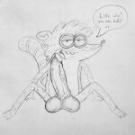  1:1 absurd_res anthro balls bcboy big_balls big_genitalia big_penis cartoon_network dialogue genitals hi_res huge_penis hyper hyper_genitalia hyper_penis looking_at_viewer male monochrome penis presenting presenting_balls presenting_penis regular_show rigby_(regular_show) seductive solo solo_focus speech_bubble talking_to_viewer vein veiny_balls veiny_penis 