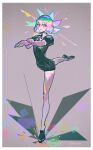  1other androgynous ballerina bangs black_footwear black_necktie border crystal_hair diamond_(houseki_no_kuni) elbow_gloves flexible full_body gem_uniform_(houseki_no_kuni) gloves glowing grey_background grey_gloves grey_legwear hand_on_own_arm haun houseki_no_kuni leg_lift leg_up looking_at_viewer multicolored_hair necktie other_focus outstretched_arms plantar_flexion puffy_short_sleeves puffy_sleeves rainbow_hair short_hair short_sleeves shorts smile solo sparkle standing standing_on_one_leg thighhighs 