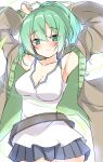  1girl arms_up blush breasts dot_nose eyebrows_visible_through_hair green_eyes green_hair highres raion_(inoueraion) simple_background skirt solo tagme white_background wynn_the_wind_charmer yu-gi-oh! 