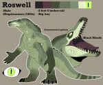  anthro black_claws claws color_swatch dinosaur english_text featureless_chest featureless_crotch finger_claws gloves_(marking) green_body green_eyes green_scales green_tail imperatorcaesar leg_markings male markings megalosaurid megalosaurus nude open_mouth pupils red_tongue reptile scales scalie sharp_teeth simple_background slit_pupils socks_(marking) solo standing striped_markings striped_tail stripes tail_markings teeth text theropod tongue tongue_out 