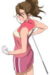  1girl absurdres ball birdie_wing:_golf_girls&#039;_story brown_hair chris_christie_(birdie_wing) gloves golf golf_ball golf_club grey_eyes highres holding holding_ball holding_golf_ball holding_golf_club looking_at_viewer mole mole_under_eye pink_skirt ponytail skirt solo sosona white_gloves 