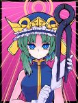  1girl adapted_costume asymmetrical_hair blue_eyes blue_shirt breasts frills gloves gold_trim green_hair hat highres holding_pliers looking_at_viewer pliers ribbon shiki_eiki shirt short_hair smile solo sunburst sunburst_background touhou upper_body white_gloves yamadori514 