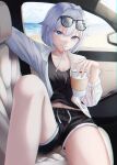  1girl absurdres bangs beach black_shorts black_tank_top blue_eyes car_interior cat chromatic_aberration coffee_cup collarbone collared_shirt cup day disposable_cup dos_(ehgns007kr) drawstring drinking_straw eyebrows_visible_through_hair eyewear_on_head gosegu grey_hair grin hair_between_eyes hair_flaps hair_ornament highres leg_up light_rays looking_at_viewer mouth_hold ocean open_clothes open_shirt shirt short_hair shorts sitting smile solo sunglasses tank_top virtual_youtuber waktaverse white_shirt 