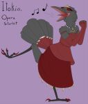  2018 anthro avian beak clothing crown digital_media_(artwork) dress dungeons_and_dragons eyes_closed feathers female gloves handwear hasbro kenku musical_note on_one_leg open_mouth red_clothing red_dress red_gloves red_handwear simple_background singing smile solo standing tiara valsalia wizards_of_the_coast 