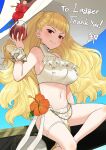  alcohol alternate_costume armpits bikini blonde_hair breasts cup drinking_glass earrings eitri_(fire_emblem) fire_emblem fire_emblem_heroes flower hat highres jewelry large_breasts long_hair looking_at_viewer navel oyatsu_0 red_eyes sitting swimsuit twintails wavy_hair wine wine_glass 
