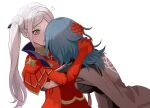  2girls armor black_coat blue_hair blush breasts byleth_(fire_emblem) byleth_(fire_emblem)_(female) cape coat edelgard_von_hresvelg fire_emblem fire_emblem:_three_houses gauntlets gloves grey_hair highres hug large_breasts long_hair looking_at_another medium_hair multiple_girls nieto_tokage official_alternate_hairstyle purple_eyes red_cape red_gloves side_ponytail simple_background sweatdrop white_background yuri 