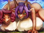  4:3 anthro big_breasts breasts butt cloud day destruction digital_media_(artwork) duo eyes_closed female general-irrelevant green_eyes group hair huge_breasts macro male open_mouth outside purple_hair red_hair scalie smile 