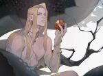  absurdres apple bangs bite_mark blonde_hair blue_eyes dripping eating final_fantasy final_fantasy_xiv food forehead_jewel fruit highres holding holding_food holding_fruit jewelry juice long_hair looking_at_viewer male_focus muscular muscular_male necklace nude parted_bangs parted_lips pectorals red_apple scar scar_on_arm scar_on_chest shanya0015 snake topless_male zenos_yae_galvus 