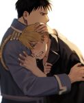  1boy 1girl aiguillette amestris_military_uniform bangs black_hair blonde_hair clenched_teeth closed_eyes clothes_grab comforting commentary crying english_commentary fullmetal_alchemist furrowed_brow hand_on_another&#039;s_head head_on_another&#039;s_shoulder headpat highres hug leaning_forward leaning_on_person long_sleeves looking_away one_eye_covered profile raicchi_(raicchi96) riza_hawkeye roy_mustang runny_nose shirt_on_shoulders short_hair simple_background snot sobbing tears teeth upper_body white_background 