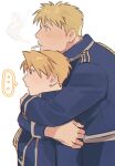  ... 1boy 1girl aiguillette amestris_military_uniform bangs blonde_hair blue_eyes breasts cigarette earrings folded_ponytail from_side fullmetal_alchemist head_on_head head_rest height_difference highres hug hug_from_behind jean_havoc jewelry long_sleeves military military_uniform mouth_hold profile raicchi_(raicchi96) red_eyes riza_hawkeye short_hair simple_background smoking spoken_ellipsis stud_earrings uniform updo white_background 