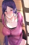  1girl absurdres bangs blush breasts cleavage collarbone fate/grand_order fate_(series) highres indoors large_breasts long_hair looking_at_viewer mika_l minamoto_no_raikou_(fate) parted_bangs parted_lips purple_eyes purple_hair sitting solo very_long_hair 