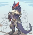  absurd_res anthro anthrofied armor beak biped blue_body blue_fur capcom countershade_tail countershading dragon flying_wyvern fur hi_res male monster_hunter nargacuga scales video_games weapon wiosvikulan wyvern yellow_eyes 