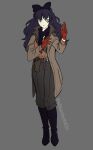  1girl animal_ears artist_request black_hair blake_belladonna boots full_body gloves gun handgun holster jacket looking_at_viewer metal_gear_(series) metal_gear_solid metal_gear_solid_v revolver_ocelot ribbon rwby smile weapon 