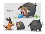  :d berry_(pokemon) border bright_pupils commentary_request eye_contact grass grey_background lechonk looking_at_another looking_down no_humans open_mouth oran_berry pokemon pokemon_(creature) smile tepig tongue white_border white_pupils zoo_(oukakumaku) 