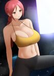  1girl absurdres amemuchizakuro arms_at_sides bare_shoulders black_pants bra braid braided_ponytail breasts cleavage frown highres large_breasts looking_ahead one_piece orange_eyes pants rebecca_(one_piece) red_hair sidelocks sitting sports_bra steam stomach sweat sweaty_clothes training training_bra underwear window 