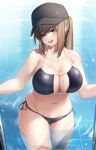  1girl bangs bare_arms baseball_cap bikini black_bikini black_headwear blue_eyes blush breasts brown_hair cameltoe cleavage cleavage_cutout clothing_cutout collarbone cowboy_shot dima_(girls&#039;_frontline) eyebrows_visible_through_hair girls&#039;_frontline groin halterneck hat head_tilt highres ka941 large_breasts long_hair navel open_mouth outdoors partially_submerged ponytail pool revision side-tie_bikini sidelocks smile solo standing stomach string_bikini swimsuit thighs water wet 