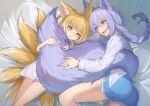  2girls :d absurdres alternate_costume animal_ears arknights ass blonde_hair blue_shorts braid commentary_request dress fox_tail gus1999 highres large_tail long_hair long_sleeves multiple_girls multiple_tails open_mouth parted_lips provence_(arknights) purple_hair shirt short_dress short_shorts shorts single_braid smile spaghetti_strap suzuran_(arknights) tail thighs white_dress white_shirt wolf_ears wolf_tail yellow_eyes 