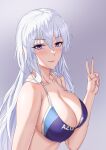  1girl absurdres azur_lane bangs bare_arms bare_shoulders bikini blue_bikini breasts cleavage closed_mouth collarbone enterprise_(azur_lane) eyebrows_visible_through_hair freed_turing from_side hair_between_eyes hand_up highres large_breasts long_hair looking_at_viewer looking_to_the_side nail_polish purple_background purple_eyes purple_nails simple_background swimsuit upper_body v white_hair 