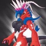  2022 absurd_res anthro breasts dragon feathers female hi_res koraidon looking_at_viewer lordyupi nintendo nipples nude pok&eacute;mon pok&eacute;mon_(species) red_body smile solo tire video_games 