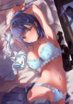 1girl armpits arms_up bangs black_legwear blue_bra blue_hair blue_panties blue_skirt blush bra breasts cleavage collarbone eyebrows_visible_through_hair from_above frown fujinomiya_reicho hair_ornament hairclip highres indoors lace-trimmed_bra lace-trimmed_panties lace_trim large_breasts legwear_removed looking_at_viewer lying medium_hair navel on_back on_bed original panties parted_lips phone_screen pillow pleated_skirt presenting_armpit restrained sailor_collar school_uniform serafuku shirt short_sleeves skirt solo stomach swept_bangs tears underwear uniform white_shirt 
