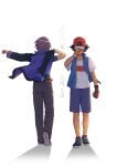  2boys ash_ketchum black_footwear blue_jacket closed_mouth collarbone commentary_request dynamax_band fingerless_gloves gloves hat highres holding holding_poke_ball jacket knees long_sleeves male_focus multiple_boys pants paul_(pokemon) poke_ball poke_ball_(basic) pokemon pokemon_(anime) pokemon_journeys purple_hair purple_jacket red_headwear shirt shoes short_hair short_sleeves shorts single_glove sleeveless sleeveless_jacket standing t-shirt tamura_(kouititamura) translation_request white_background white_shirt 