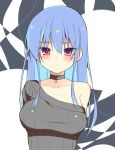  1girl bare_shoulders blue_hair blush breasts dot_nose eyebrows_visible_through_hair highres off_shoulder original raion_(inoueraion) red_eyes solo tagme 