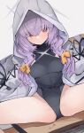  1girl arrow_(symbol) atsuko_(blue_archive) black_gloves black_swimsuit blue_archive blush breasts eyebrows_visible_through_hair feet_out_of_frame from_above gloves hair_between_eyes hair_ribbon heart highleg highleg_swimsuit highres hood hood_up hooded_jacket jacket light_purple_hair long_hair looking_at_viewer medium_breasts mikozin one-piece_swimsuit orange_ribbon parted_lips red_eyes ribbon sitting solo split spread_legs swimsuit thighs white_jacket 