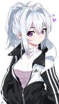  1girl absurdres adidas ahoge bangs black_jacket blush brand_name_imitation breasts closed_mouth commentary_request eyebrows_behind_hair grey_hair hair_between_eyes hair_intakes heart highres hood hood_down hooded_jacket ine_(vtuber) jacket korean_commentary long_hair looking_at_viewer medium_breasts open_clothes open_jacket ponytail purple_eyes ribbed_sweater signature simple_background solo sweater tosyeo turtleneck turtleneck_sweater upper_body virtual_youtuber waktaverse white_background white_sweater 