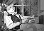  1boy bow bowtie candle candlelight candlestand cat_boy cowboy_shot cup curtains drink furry furry_male gloves greyscale highres holding holding_cup indoors jaddddan long_sleeves looking_at_viewer lying male_focus monochrome neko_no_ongaeshi night on_back pants saucer solo steam tail the_baron vest 
