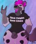  animal_genitalia anthro bottomless breasts clothed clothing genitals herm hi_res hyaenid intersex mammal mane mohawk open_mouth piercing punk sheath shirt shirt_only solo teeth text text_on_clothing thatblackfox_(artist) thick_thighs topwear topwear_only 