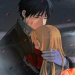  1boy 1girl amestris_military_uniform bangs black_coat black_hair blonde_hair blood blood_on_clothes blurry blurry_background closed_eyes coat dirty dirty_face doya fire fullmetal_alchemist gloves grey_jacket hair_down hand_up head_kiss hetero highres hug jacket long_hair long_sleeves magic_circle military military_uniform motion_blur riza_hawkeye roy_mustang short_hair uniform upper_body white_gloves wind 