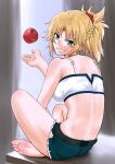  1girl apple bandeau bangs bare_shoulders barefoot blonde_hair braid breasts camisole commentary_request cutoffs denim denim_shorts eyebrows_visible_through_hair fate/apocrypha fate_(series) food french_braid from_behind fruit green_eyes grin hakase_yurisuki hand_up indian_style large_breasts looking_at_viewer looking_back midriff mordred_(fate) mordred_(fate/apocrypha) partial_commentary ponytail short_hair short_shorts shorts sitting smile solo spaghetti_strap thighs 
