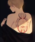  1girl back_tattoo bangs bare_back black_background blonde_hair commentary covered_eyes english_commentary from_behind fullmetal_alchemist hair_over_eyes hand_up highres light_particles magic_circle off_shoulder raicchi_(raicchi96) riza_hawkeye shade short_hair solo tattoo upper_body younger 