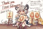  1girl :d animal_ears blush cheese chinese_zodiac dress english_text food grey_hair happy_new_year highres long_sleeves mame_komari mouse mouse_ears mouse_tail nazrin new_year open_mouth red_eyes short_hair smile tail touhou twitter_username year_of_the_rat 