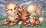  arcanine berry_(pokemon) claws cloud commentary_request evolutionary_line fangs fangs_out grass growlithe no_humans open_mouth outdoors piyokko_(p4-co) pokemon pokemon_(creature) sitrus_berry sky smile 