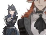  1boy 1girl animal_ears arknights ascot belt black_ascot black_hair black_jacket black_legwear blurry blurry_foreground breasts cat_ears closed_mouth collar cowboy_shot crossed_arms czerny_(arknights) depth_of_field eyebrows_visible_through_hair gertrude_(arknights) highres infection_monitor_(arknights) jacket long_hair long_sleeves medium_breasts mole mole_under_eye pantyhose pelvic_curtain red_hair shirt v-shaped_eyebrows white_ascot white_shirt 
