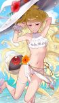  1girl alternate_costume armpits arms_up ass_visible_through_thighs beach bikini blonde_hair bracelet breasts cloud cloudy_sky earrings eitri_(fire_emblem) english_commentary fire_emblem fire_emblem_heroes flower haru_(nakajou-28) hat highres jewelry long_hair looking_at_viewer navel ocean red_eyes shore sky small_breasts smile solo swimsuit tri_tails underboob wavy_hair white_bikini 