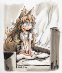  1girl ahoge animal_ear_fluff animal_ears bangs barefoot between_legs blue_eyes blush closed_mouth curtains dated fox_ears fox_girl fox_tail hair_between_eyes hand_between_legs kazekiri light_brown_hair long_hair looking_to_the_side on_bed original shirt short_sleeves sitting smile solo tail traditional_media very_long_hair wariza white_shirt 