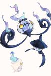  blue_fire chandelure closed_mouth evolutionary_line fire flame highres lampent litwick no_humans pokemon pokemon_(creature) simple_background smile tako2_eaka white_background yellow_eyes 