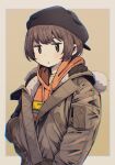  1girl backwards_hat bangs black_headwear brown_coat brown_eyes brown_hair coat commentary_request fashion haaam hand_in_pocket hat hood hoodie long_sleeves looking_at_viewer orange_hoodie original solo upper_body 